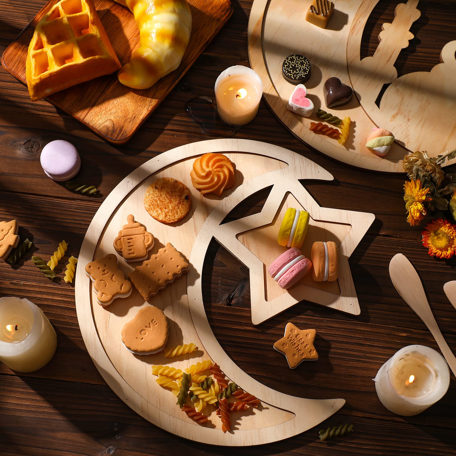 2 Pieces Ramadan Tray Eid Mubarak Tray Wooden Star Moon Shaped Ramadan Tray Islam Wooden Artistic Moon Star Dessert Tray Ramadan